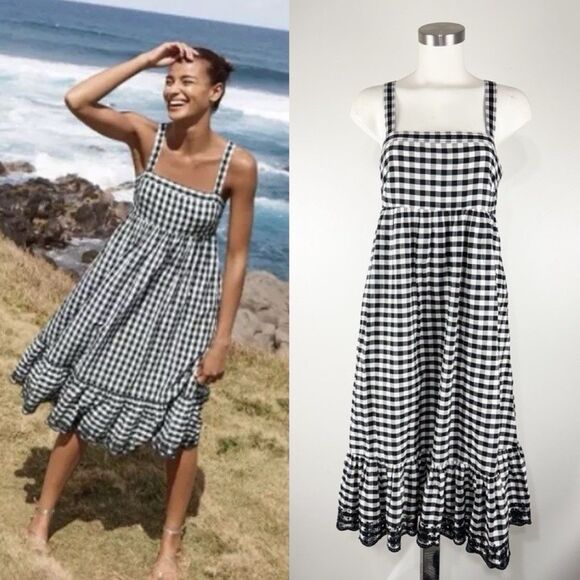J.Crew Dresses & Skirts - J.Crew Eyelet Trim Ruffle Hem Gingham Midi Sundress Crisscross Back Size 6
